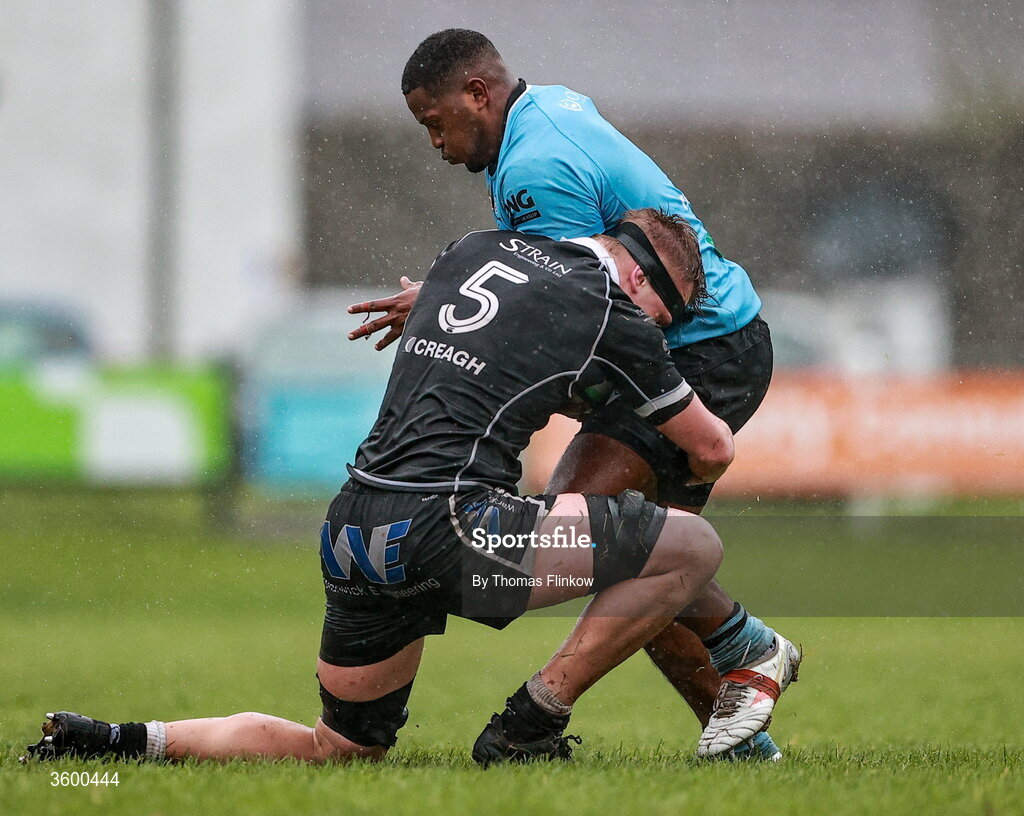 24 October 2026; Jaynel Almanzar Cordero of Galwegians in action against Paddy Browne of Ballymena during the Energia Men's All-Ireland League Division 2A match between Galwegians and Ballymena at Crowley Park in Galway. Photo by Thomas Flinkow/Sportsfile