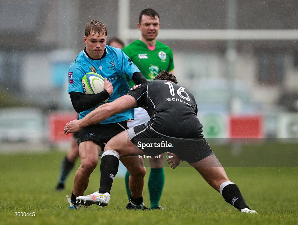 24 October 2026; Albert Lindner of Galwegians in action against Josh Mark of Ballymena during the Energia Men's All-Ireland League Division 2A match between Galwegians and Ballymena at Crowley Park in Galway. Photo by Thomas Flinkow/Sportsfile