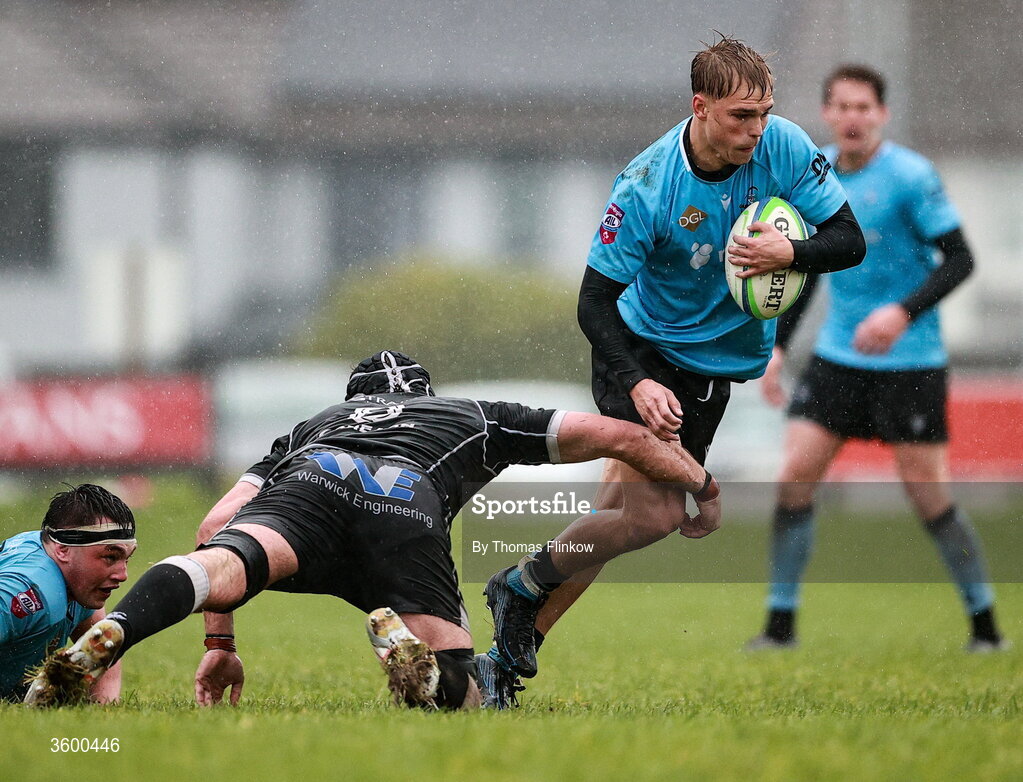 24 October 2026; Albert Lindner of Galwegians in action against Marcus Rea of Ballymena during the Energia Men's All-Ireland League Division 2A match between Galwegians and Ballymena at Crowley Park in Galway. Photo by Thomas Flinkow/Sportsfile