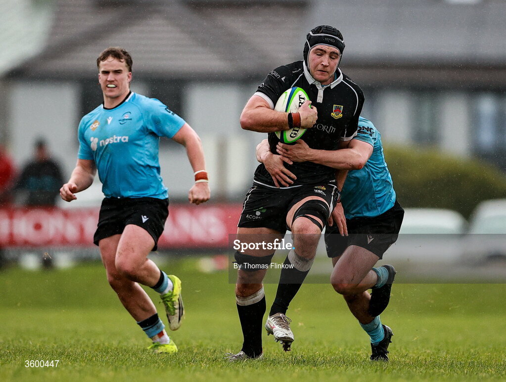 24 October 2026; Marcus Rea of Ballymena is tackled by Tom Walsh of Galwegians during the Energia Men's All-Ireland League Division 2A match between Galwegians and Ballymena at Crowley Park in Galway. Photo by Thomas Flinkow/Sportsfile
