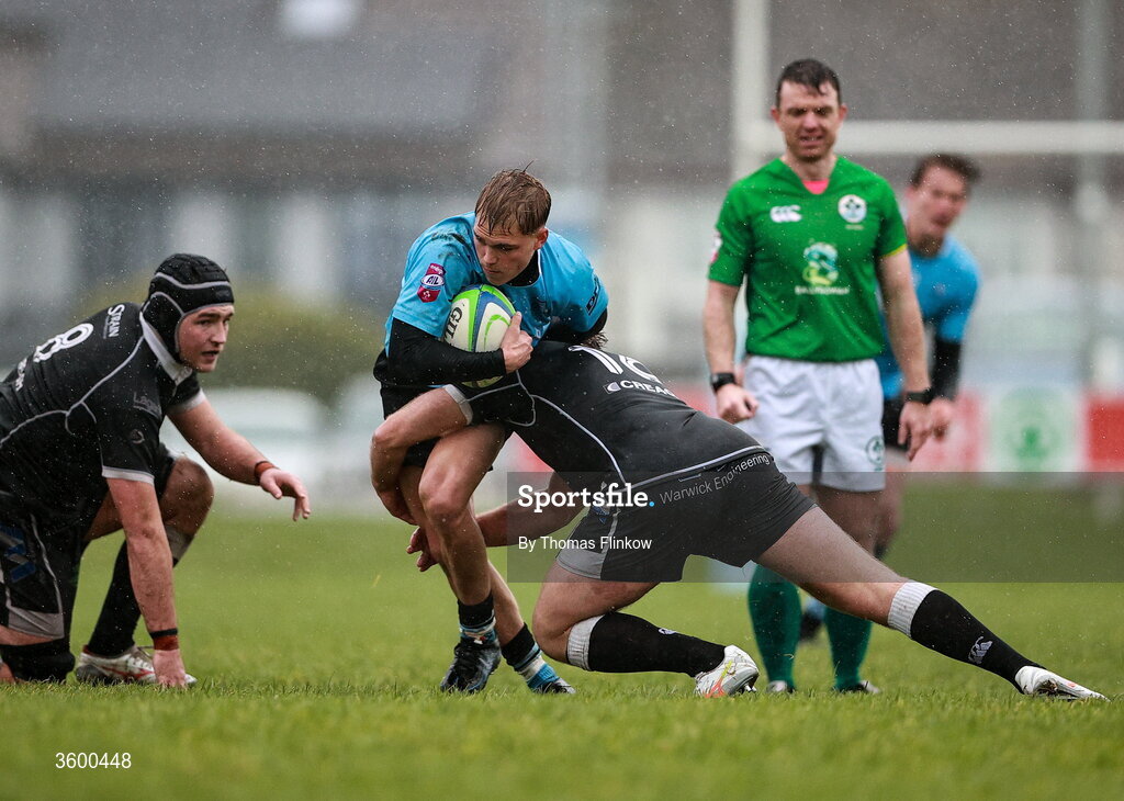 24 October 2026; Albert Lindner of Galwegians in action against Josh Mark of Ballymena during the Energia Men's All-Ireland League Division 2A match between Galwegians and Ballymena at Crowley Park in Galway. Photo by Thomas Flinkow/Sportsfile
