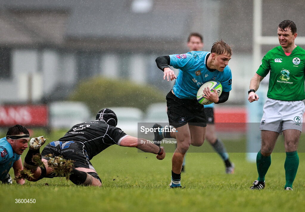 24 October 2026; Albert Lindner of Galwegians in action against Marcus Rea of Ballymena during the Energia Men's All-Ireland League Division 2A match between Galwegians and Ballymena at Crowley Park in Galway. Photo by Thomas Flinkow/Sportsfile