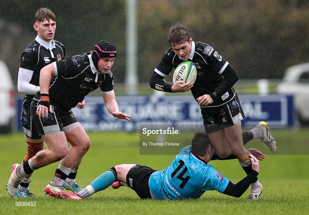 24 October 2026; Dean Millar of Ballymena in action against Darragh Kennedy of Galwegians during the Energia Men's All-Ireland League Division 2A match between Galwegians and Ballymena at Crowley Park in Galway. Photo by Thomas Flinkow/Sportsfile