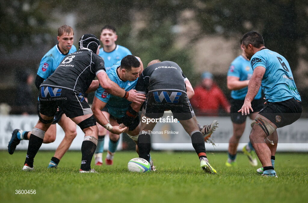 24 October 2026; Aaron O'Brien of Galwegians is tackled by Ballymena players, including Marcus Rea, left, during the Energia Men's All-Ireland League Division 2A match between Galwegians and Ballymena at Crowley Park in Galway. Photo by Thomas Flinkow/Sportsfile