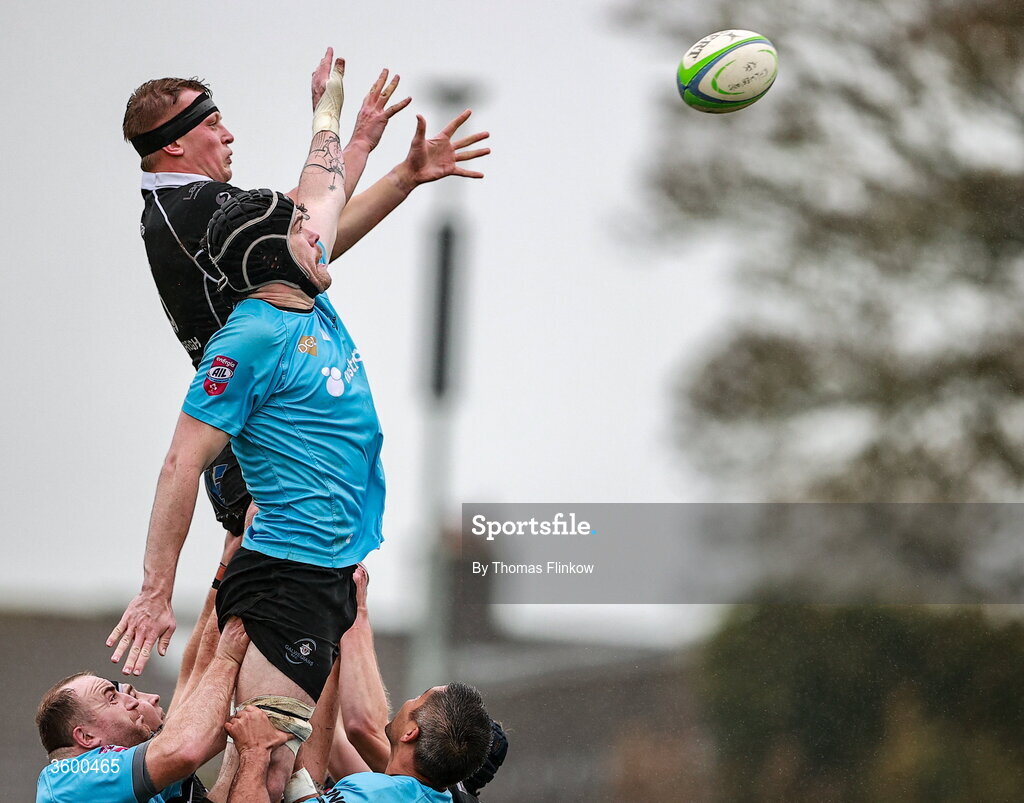 24 October 2026; Oisin McNicholas of Galwegians and Paddy Browne of Ballymena compete in the air during a lineout during the Energia Men's All-Ireland League Division 2A match between Galwegians and Ballymena at Crowley Park in Galway. Photo by Thomas Flinkow/Sportsfile