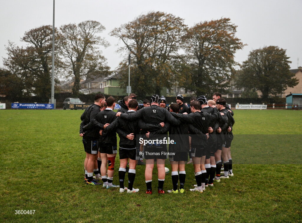24 October 2026; The Ballymena team huddle before the Energia Men's All-Ireland League Division 2A match between Galwegians and Ballymena at Crowley Park in Galway. Photo by Thomas Flinkow/Sportsfile