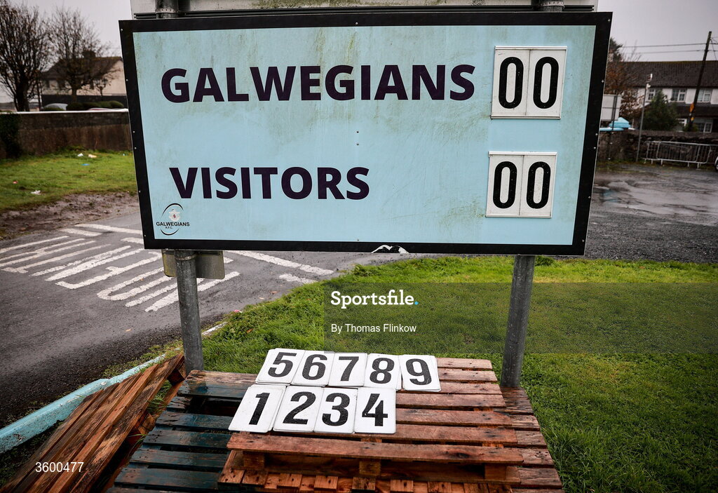 24 October 2026; A general view of the scoreboard before the Energia Men's All-Ireland League Division 2A match between Galwegians and Ballymena at Crowley Park in Galway. Photo by Thomas Flinkow/Sportsfile