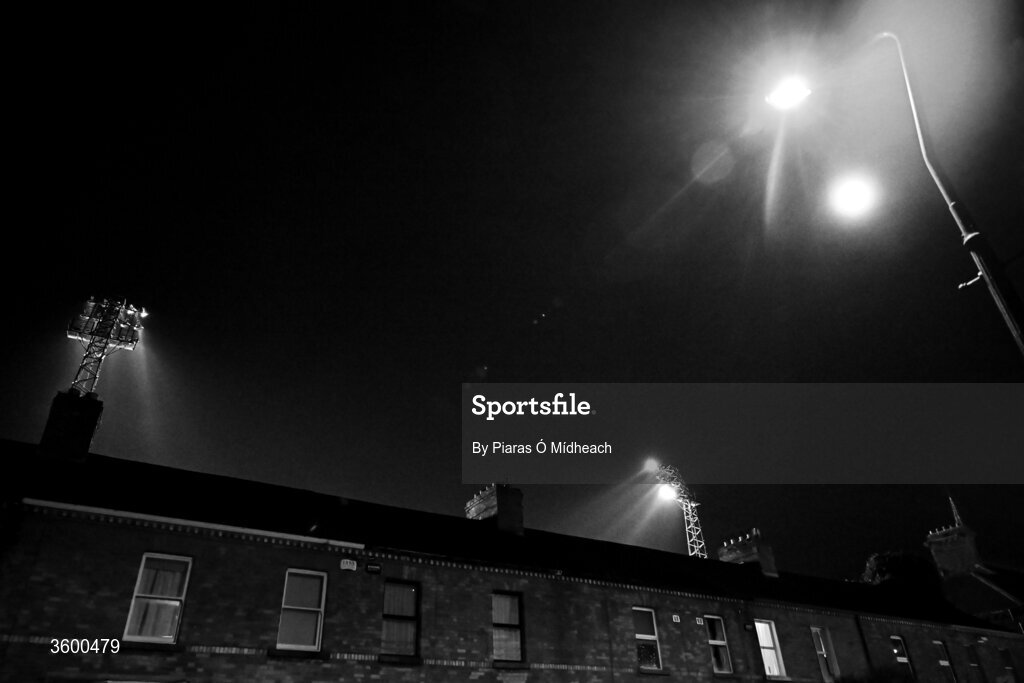 23 October 2026; (EDITOR'S NOTE; Image has been converted to black and white) A general view of the floodlights in Dalymount Park, in operation since 1962, on their last Friday night match before upcoming demolition, after the SSE Airtricity Men's Premier Division match between Bohemians and Shelbourne at Dalymount Park in Dublin. Photo by Piaras Ó Mídheach/Sportsfile