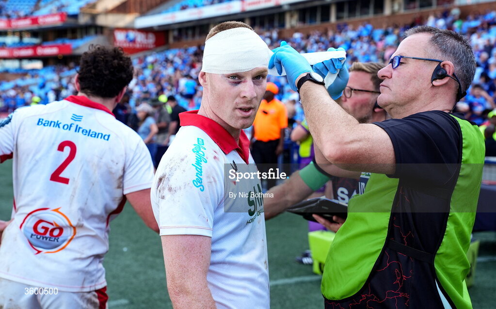 24 October 2026; Nathan Doak of Ulster receives medical attention after the United Rugby Championship match between Vodacom Bulls and Ulster at Loftus Versfeld in Pretoria, South Africa. Photo by Nic Bothma/Sportsfile