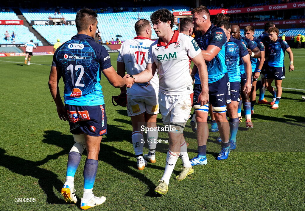 24 October 2026; Players from both sides shake hands after the United Rugby Championship match between Vodacom Bulls and Ulster at Loftus Versfeld in Pretoria, South Africa. Photo by Nic Bothma/Sportsfile