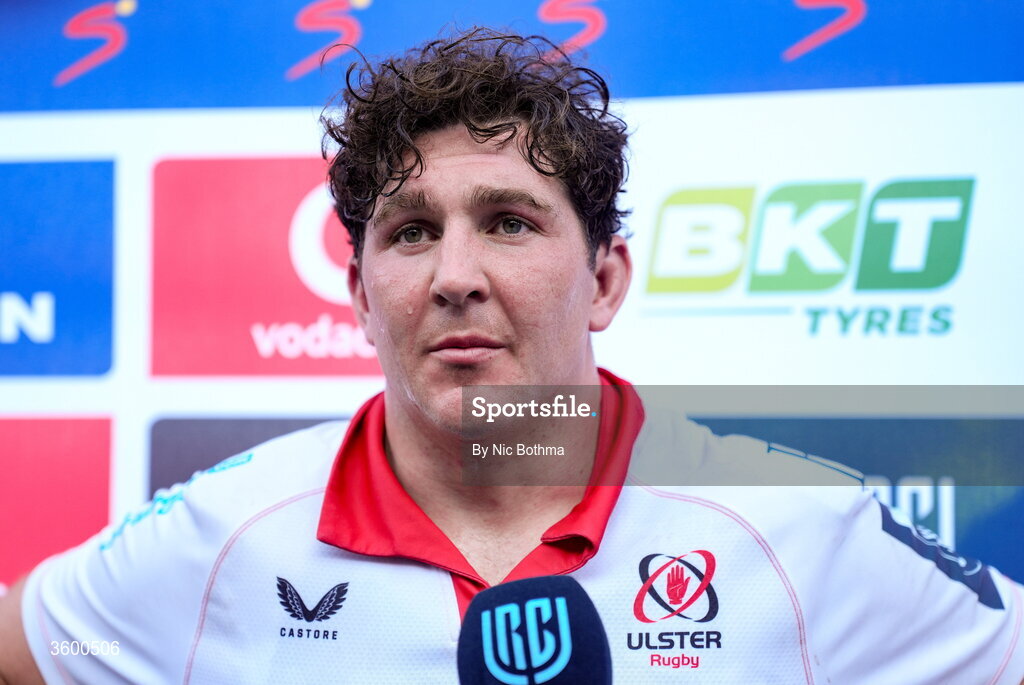 24 October 2026;  Ulster captain Tom Stewart is interviewed after the United Rugby Championship match between Vodacom Bulls and Ulster at Loftus Versfeld in Pretoria, South Africa. Photo by Nic Bothma/Sportsfile