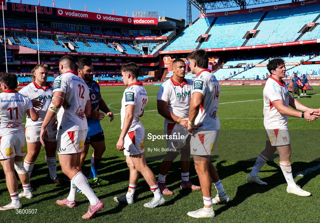 24 October 2026; Ulster players react after the United Rugby Championship match between Vodacom Bulls and Ulster at Loftus Versfeld in Pretoria, South Africa. Photo by Nic Bothma/Sportsfile