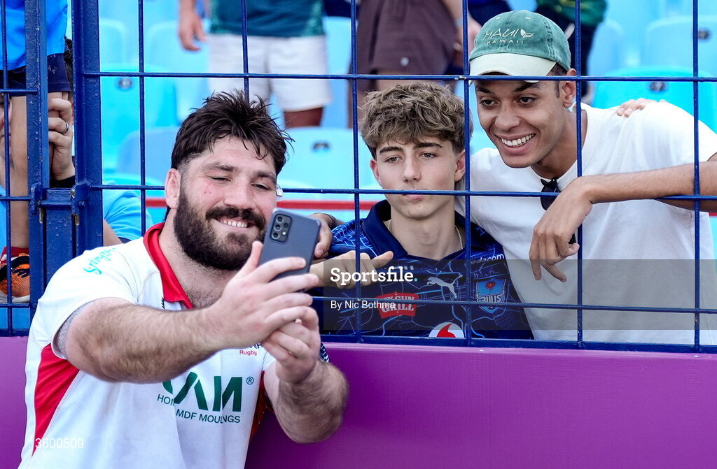 24 October 2026; Tom O’Toole of Ulster takes pictures with fans after the United Rugby Championship match between Vodacom Bulls and Ulster at Loftus Versfeld in Pretoria, South Africa. Photo by Nic Bothma/Sportsfile
