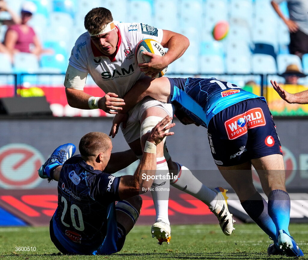 24 October 2026; James McNabney of Ulster in action against Cameron Hanekom, left, and Khutha Mchunu of Vodacome Bulls during the United Rugby Championship match between Vodacom Bulls and Ulster at Loftus Versfeld in Pretoria, South Africa. Photo by Nic Bothma/Sportsfile