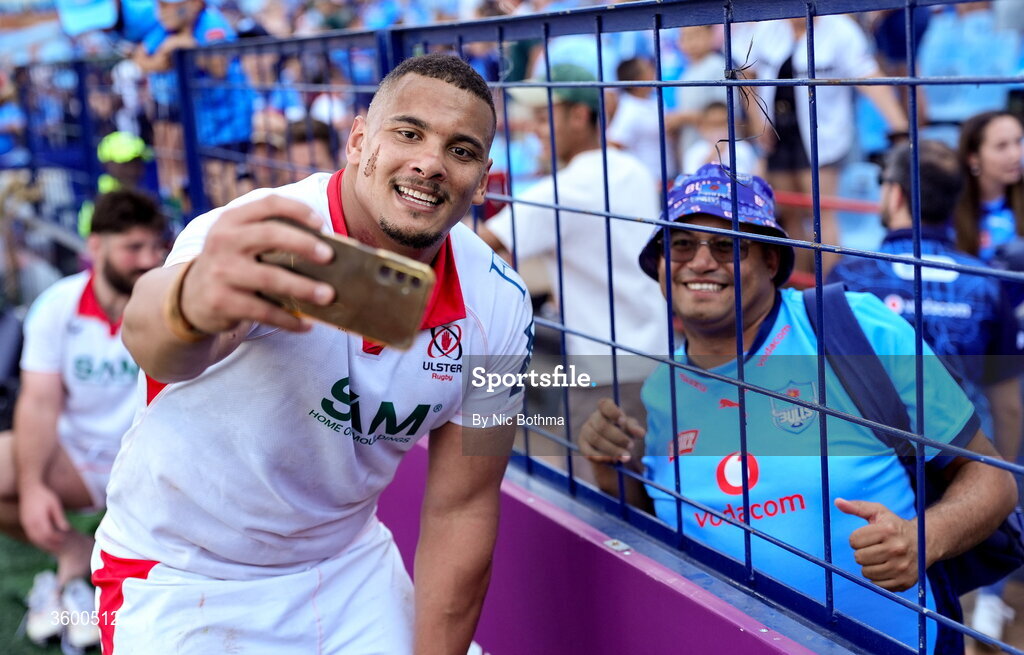 24 October 2026; Juarno Augustus of Ulster takes pictures with fans after the United Rugby Championship match between Vodacom Bulls and Ulster at Loftus Versfeld in Pretoria, South Africa. Photo by Nic Bothma/Sportsfile