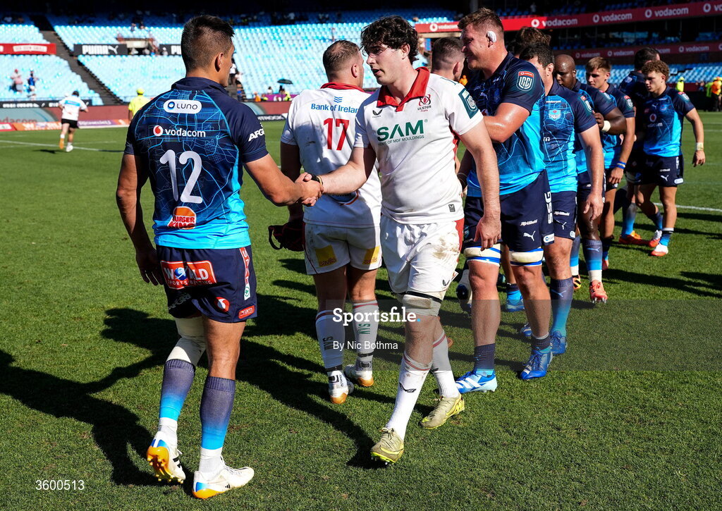 24 October 2026;  David McCann of Ulster shakes hands with Harold Vorster of Vodacom Bulls after the United Rugby Championship match between Vodacom Bulls and Ulster at Loftus Versfeld in Pretoria, South Africa. Photo by Nic Bothma/Sportsfile