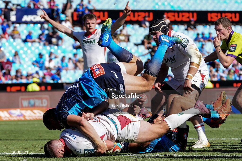 24 October 2026; Stuart McCloskey of Ulster scores a try during the United Rugby Championship match between Vodacom Bulls and Ulster at Loftus Versfeld in Pretoria, South Africa. Photo by Nic Bothma/Sportsfile