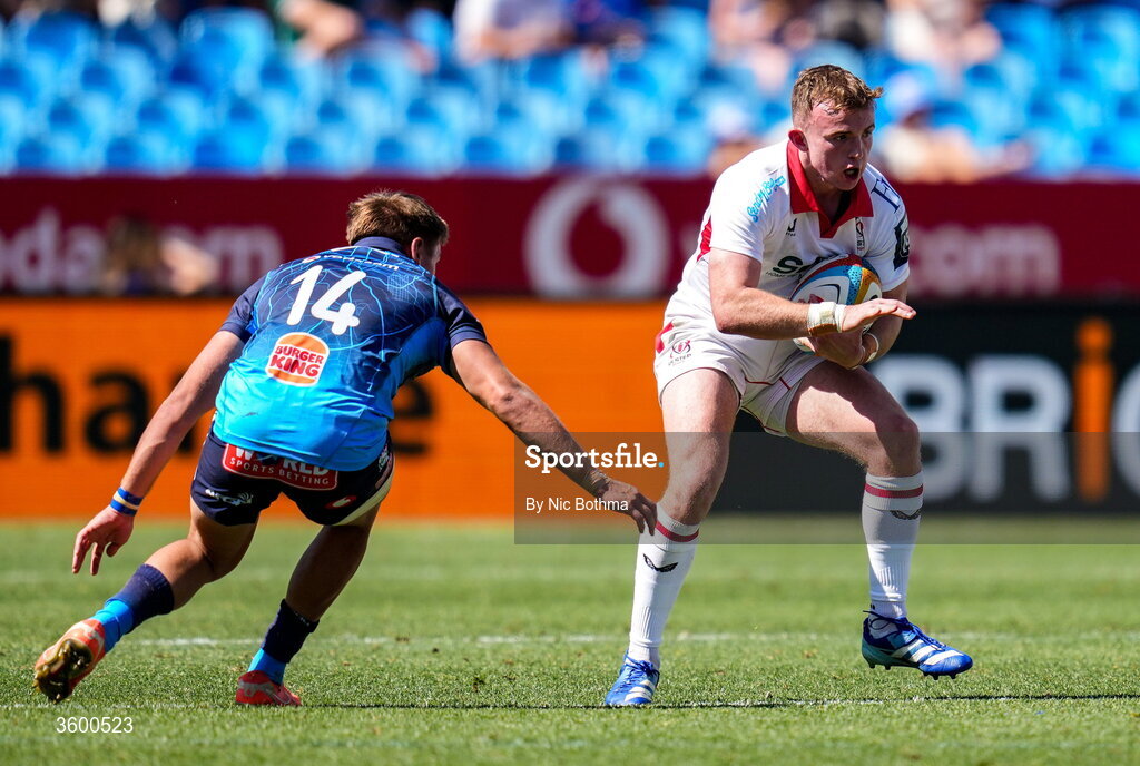 24 October 2026; Jack Murphy of Ulster in action against Sebastian de Klerk of Vodacom Bulls during the United Rugby Championship match between Vodacom Bulls and Ulster at Loftus Versfeld in Pretoria, South Africa. Photo by Nic Bothma/Sportsfile