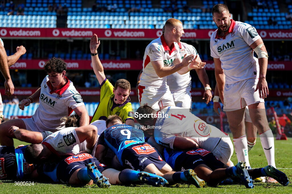 24 October 2026; Ulster players celebrate after scoring a try during the United Rugby Championship match between Vodacom Bulls and Ulster at Loftus Versfeld in Pretoria, South Africa. Photo by Nic Bothma/Sportsfile