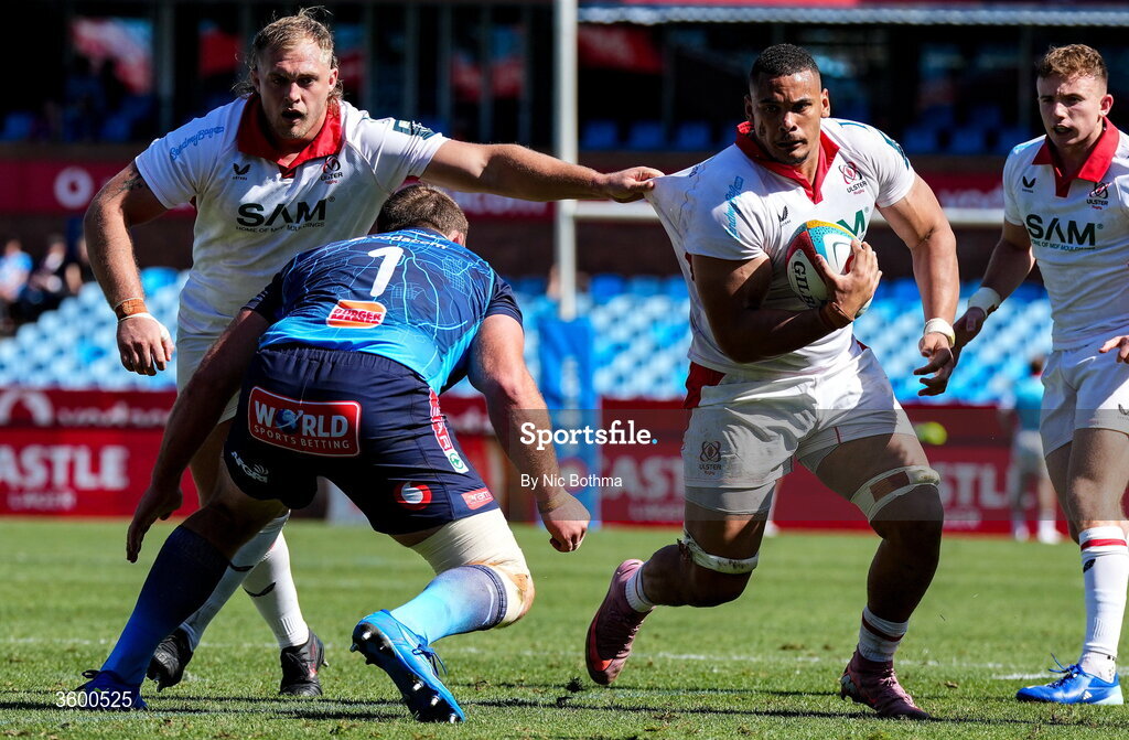 24 October 2026; /Juarno Augustus of Ulster in action against Gerhard Steenekamp of Vodacom Bulls during the United Rugby Championship match between Vodacom Bulls and Ulster at Loftus Versfeld in Pretoria, South Africa. Photo by Nic Bothma/Sportsfile