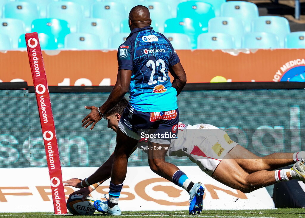 24 October 2026; Chay Mullins of Ulster scores a try during the United Rugby Championship match between Vodacom Bulls and Ulster at Loftus Versfeld in Pretoria, South Africa. Photo by Nic Bothma/Sportsfile