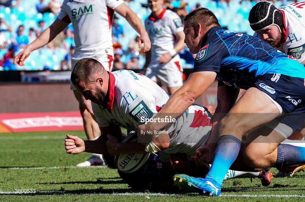 24 October 2026; Stuart McCloskey of Ulster scores a try during the United Rugby Championship match between Vodacom Bulls and Ulster at Loftus Versfeld in Pretoria, South Africa. Photo by Nic Bothma/Sportsfile