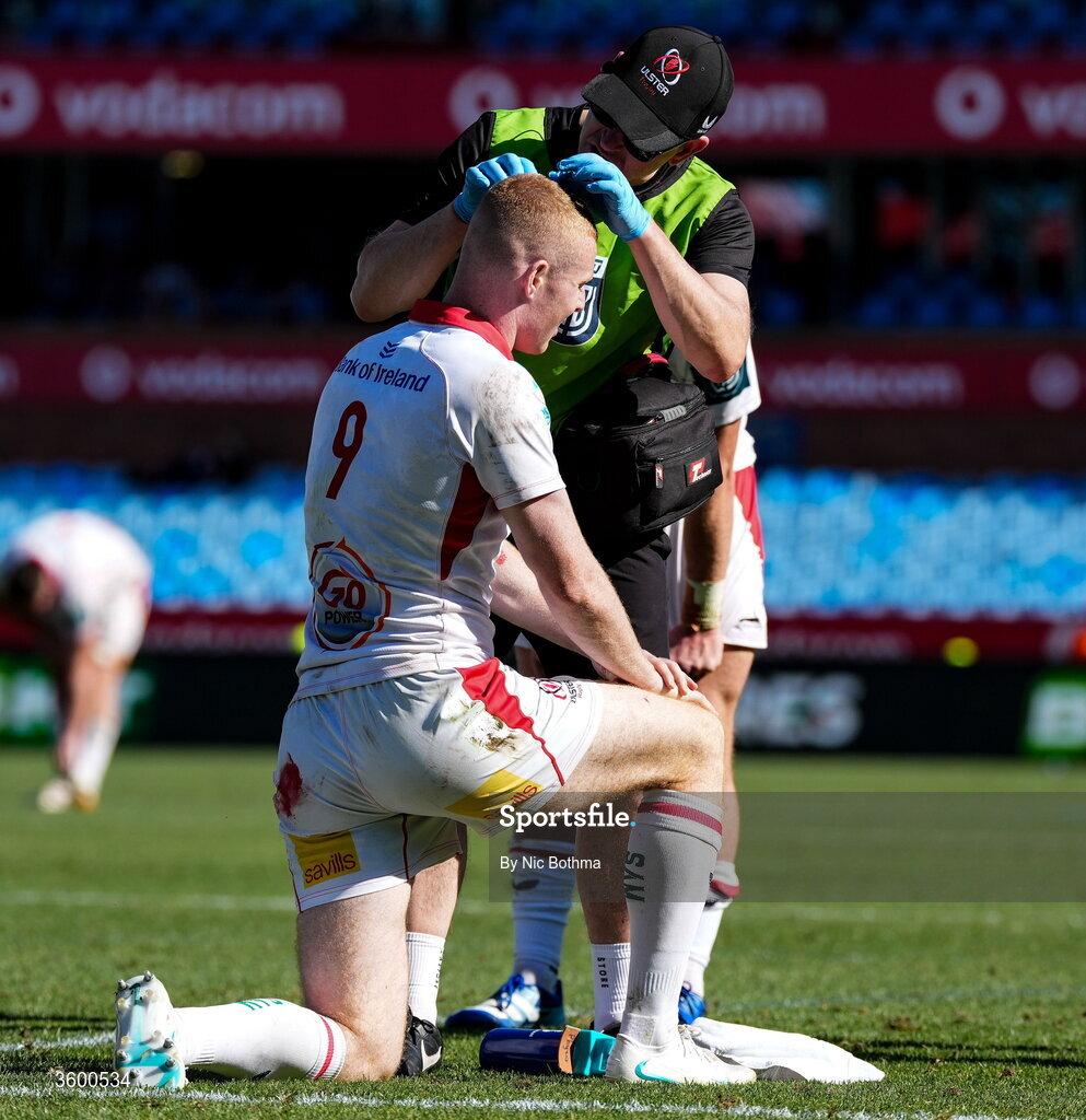 24 October 2026; Nathan Doak of Ulster receives attention during the United Rugby Championship match between Vodacom Bulls and Ulster at Loftus Versfeld in Pretoria, South Africa. Photo by Nic Bothma/Sportsfile