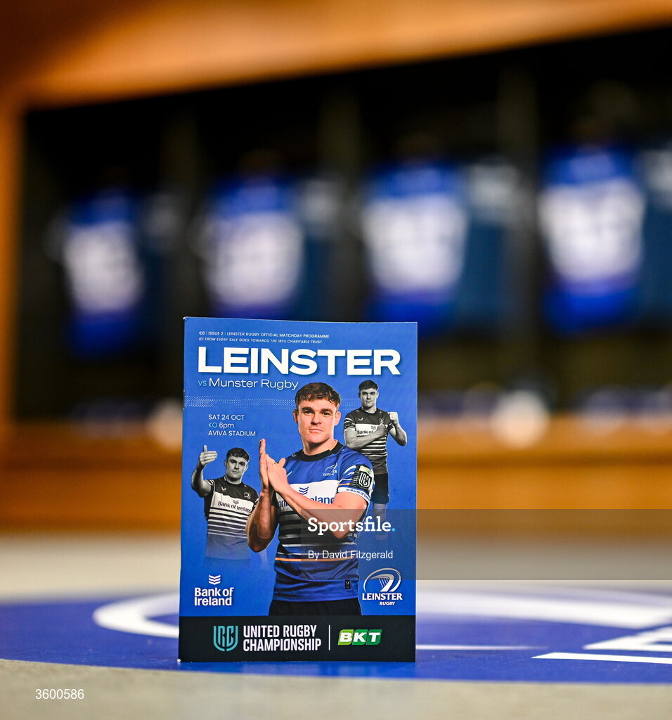 24 October 2026; The match programme is seen in the Leinster dressing room before the United Rugby Championship match between Leinster and Munster at the Aviva Stadium in Dublin. Photo by David Fitzgerald/Sportsfile