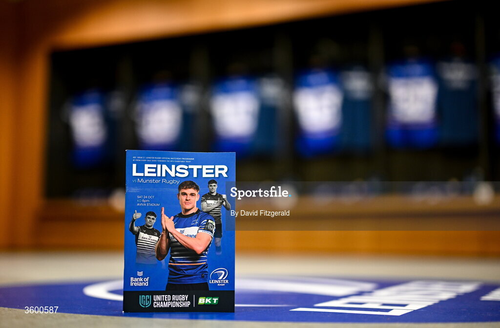 24 October 2026; The match programme is seen in the Leinster dressing room before the United Rugby Championship match between Leinster and Munster at the Aviva Stadium in Dublin. Photo by David Fitzgerald/Sportsfile