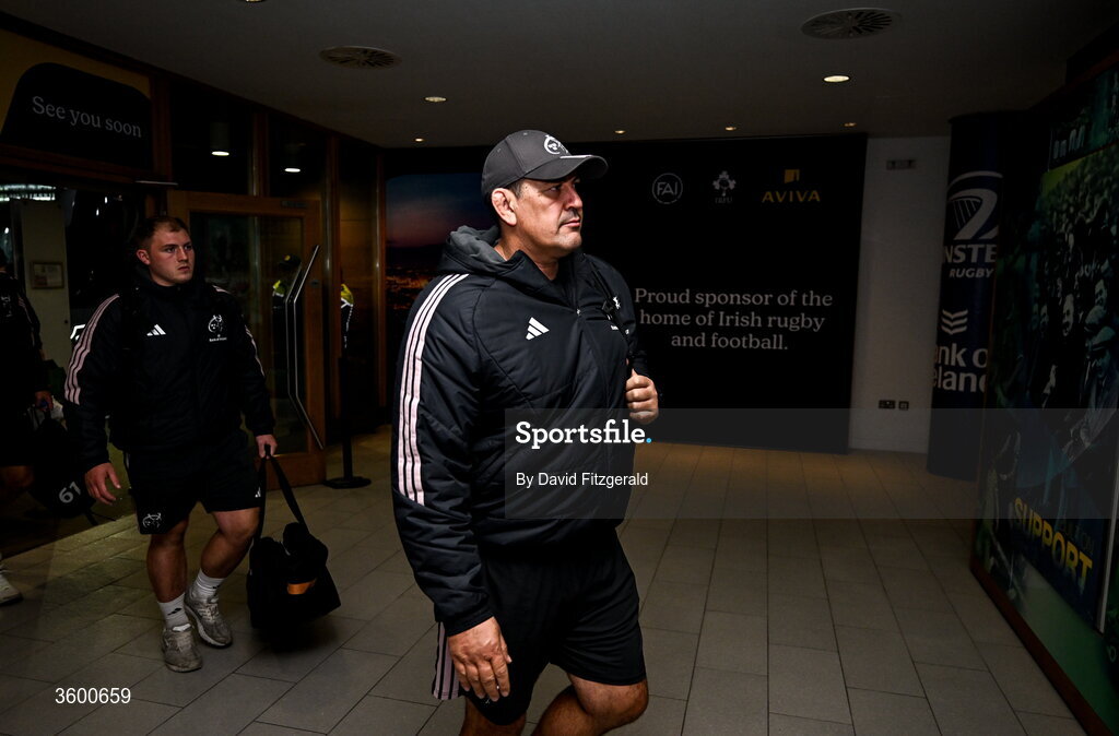 24 October 2026; Munster head coach Clayton McMillan arrives for the United Rugby Championship match between Leinster and Munster at the Aviva Stadium in Dublin. Photo by David Fitzgerald/Sportsfile