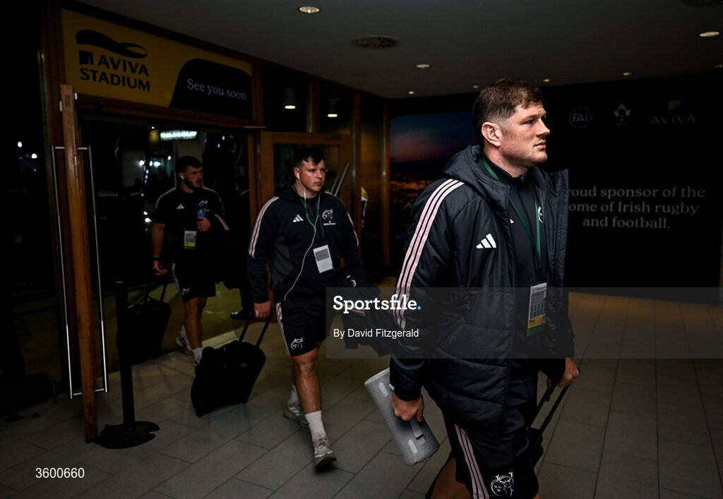 24 October 2026; Jack O'Donoghue of Munster arrives for the United Rugby Championship match between Leinster and Munster at the Aviva Stadium in Dublin. Photo by David Fitzgerald/Sportsfile