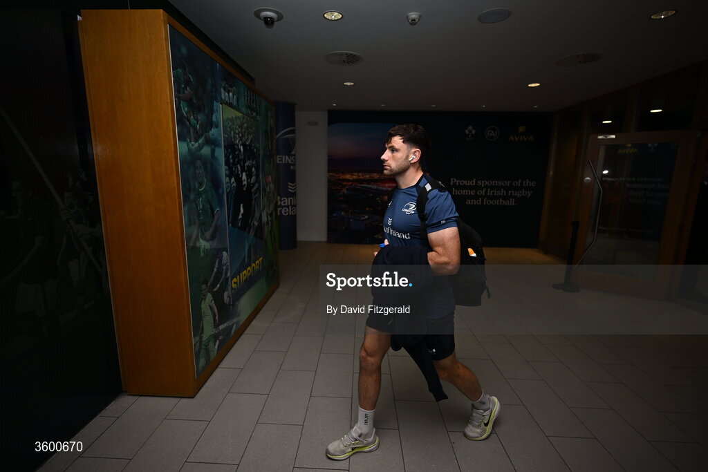 24 October 2026; Hugo Keenan of Leinster arrives for the United Rugby Championship match between Leinster and Munster at the Aviva Stadium in Dublin. Photo by David Fitzgerald/Sportsfile