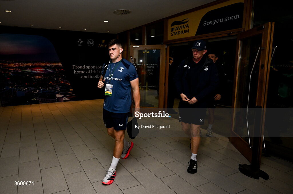 24 October 2026; Leinster's Dan Sheehan and head coach Leo Cullen arrive for the United Rugby Championship match between Leinster and Munster at the Aviva Stadium in Dublin. Photo by David Fitzgerald/Sportsfile