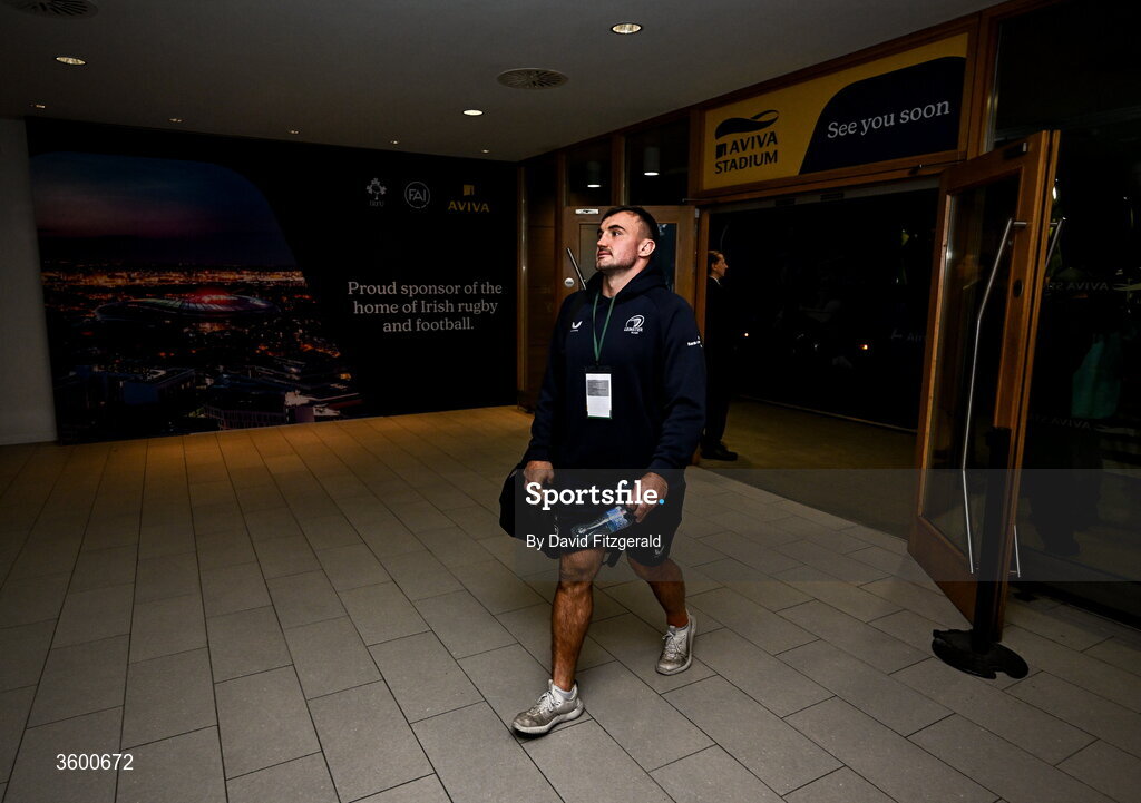 24 October 2026; Rónan Kelleher of Leinster arrives for the United Rugby Championship match between Leinster and Munster at the Aviva Stadium in Dublin. Photo by David Fitzgerald/Sportsfile