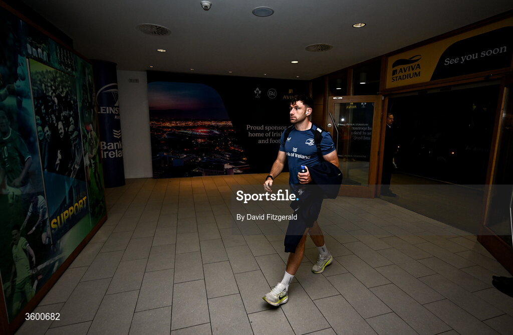 24 October 2026; Hugo Keenan of Leinster arrives for the United Rugby Championship match between Leinster and Munster at the Aviva Stadium in Dublin. Photo by David Fitzgerald/Sportsfile