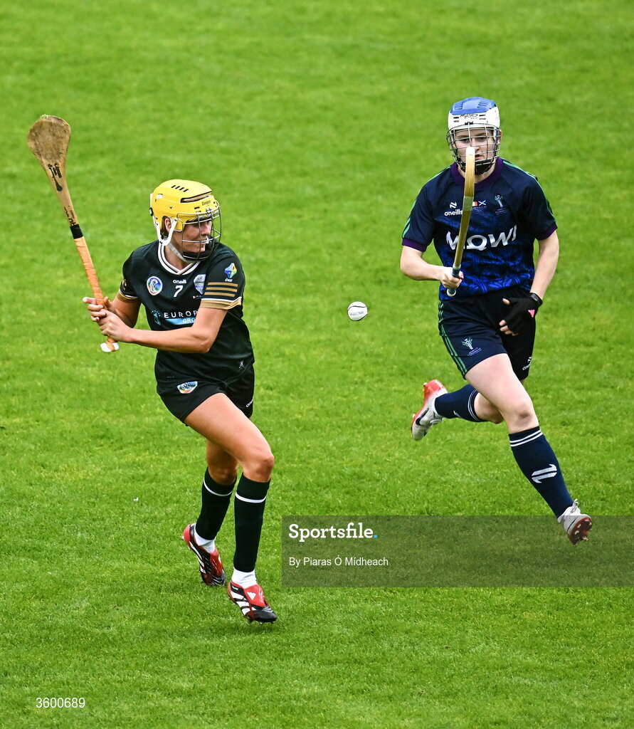 24 October 2026; Dearbhla Magee of Ireland in action against Alana MacLennan of Scotland during the 2026 Camogie/Shinty International match between Ireland and Scotland at SuperValu Páirc Uí Chaoimh in Cork. Photo by Piaras Ó Mídheach/Sportsfile