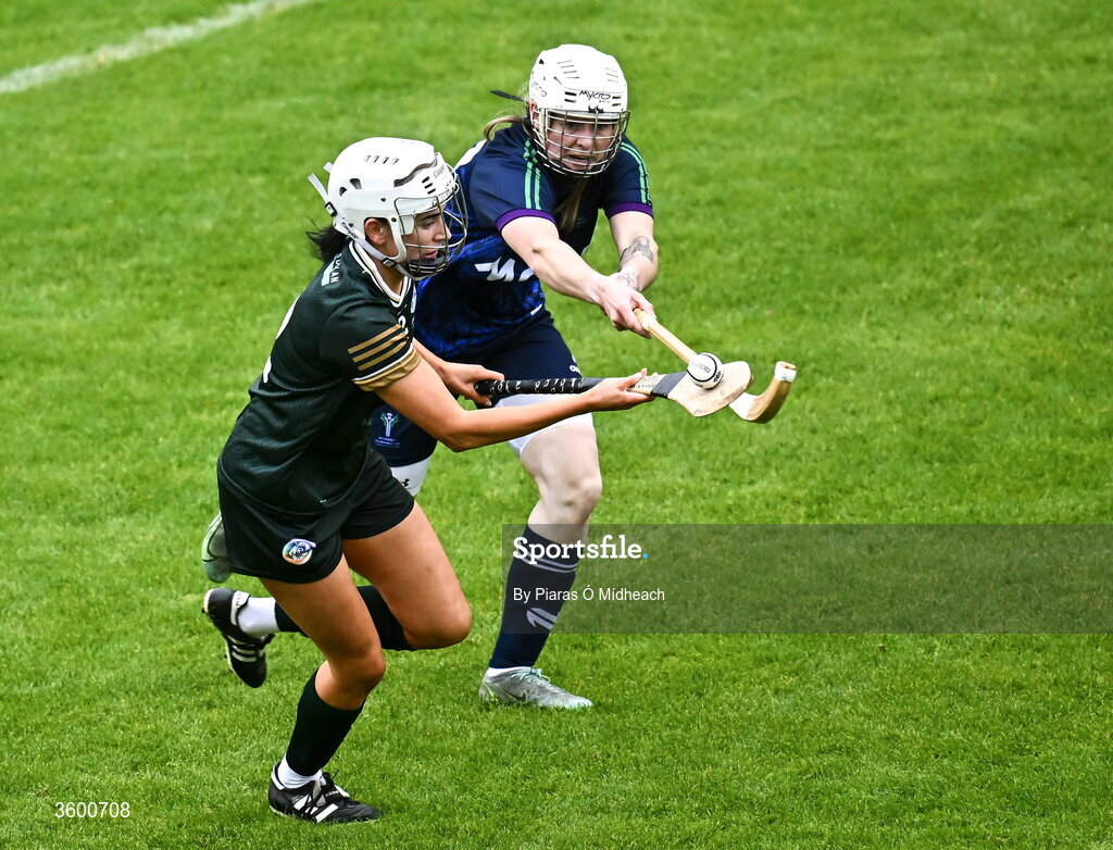 24 October 2026; Rebecca Kelly of Ireland in action against Lorna MacRae of Scotland during the 2026 Camogie/Shinty International match between Ireland and Scotland at SuperValu Páirc Uí Chaoimh in Cork. Photo by Piaras Ó Mídheach/Sportsfile