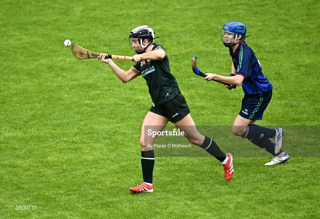 24 October 2026; Saoirse McCarthy of Ireland in action against Roma Fraser of Scotland during the 2026 Camogie/Shinty International match between Ireland and Scotland at SuperValu Páirc Uí Chaoimh in Cork. Photo by Piaras Ó Mídheach/Sportsfile