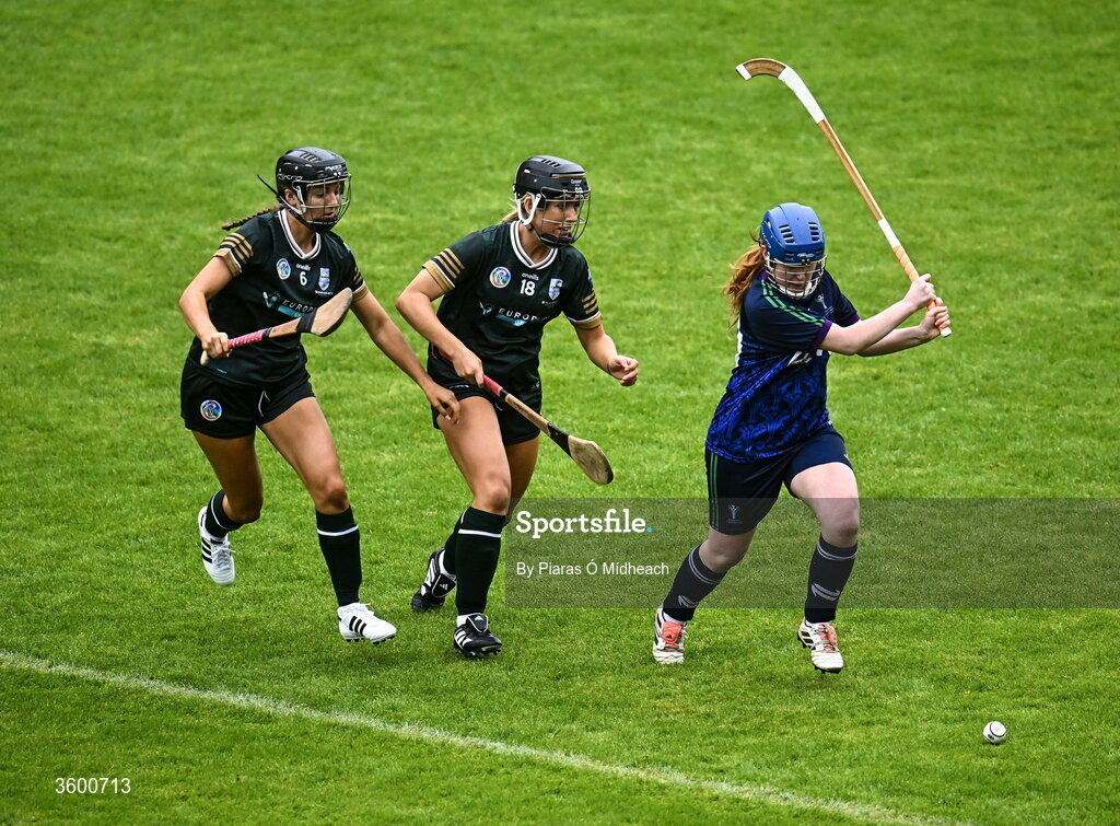 24 October 2026; Rachel Borthwick of Scotland in action against Ava Fitzgerald, left, and Isobel Sheehan of Ireland during the 2026 Camogie/Shinty International match between Ireland and Scotland at SuperValu Páirc Uí Chaoimh in Cork. Photo by Piaras Ó Mídheach/Sportsfile