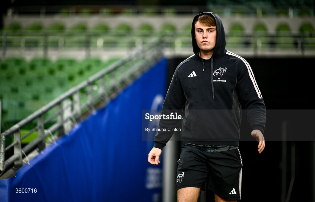 24 October 2026; Charlie O'Shea of Munster before the United Rugby Championship match between Leinster and Munster at the Aviva Stadium in Dublin. Photo by Shauna Clinton/Sportsfile