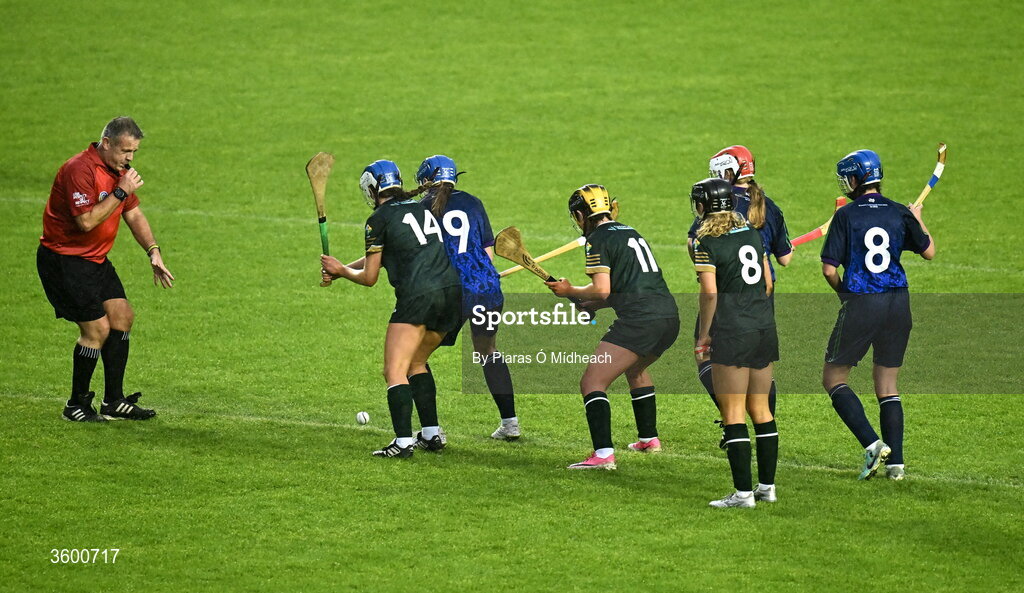 24 October 2026; Referee Gavin Donegan throws the ball in between players after a goal during the 2026 Camogie/Shinty International match between Ireland and Scotland at SuperValu Páirc Uí Chaoimh in Cork. Photo by Piaras Ó Mídheach/Sportsfile