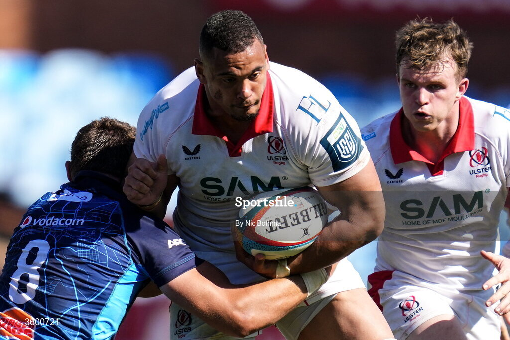 24 October 2026; Juarno Augustus of Ulster in action against Elrigh Louw of Vodacom Bulls during the United Rugby Championship match between Vodacom Bulls and Ulster at Loftus Versfeld in Pretoria, South Africa. Photo by Nic Bothma/Sportsfile