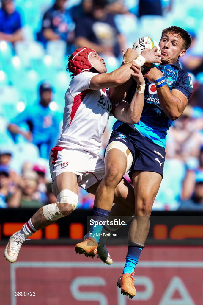 24 October 2026; Michael Lowry of Ulster in action against Sebastian de Klerk of Vodacom Bulls during the United Rugby Championship match between Vodacom Bulls and Ulster at Loftus Versfeld in Pretoria, South Africa. Photo by Nic Bothma/Sportsfile