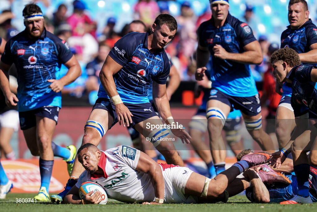 24 October 2026; Juarno Augustus of Ulster is tackled by Paul de Wet of Vodacom Bulls during the United Rugby Championship match between Vodacom Bulls and Ulster at Loftus Versfeld in Pretoria, South Africa. Photo by Nic Bothma/Sportsfile