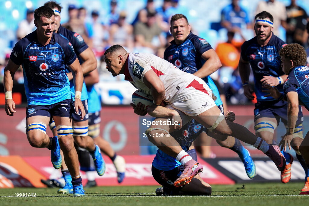 24 October 2026; Juarno Augustus of Ulster is tackled by Paul de Wet of Vodacom Bulls during the United Rugby Championship match between Vodacom Bulls and Ulster at Loftus Versfeld in Pretoria, South Africa. Photo by Nic Bothma/Sportsfile