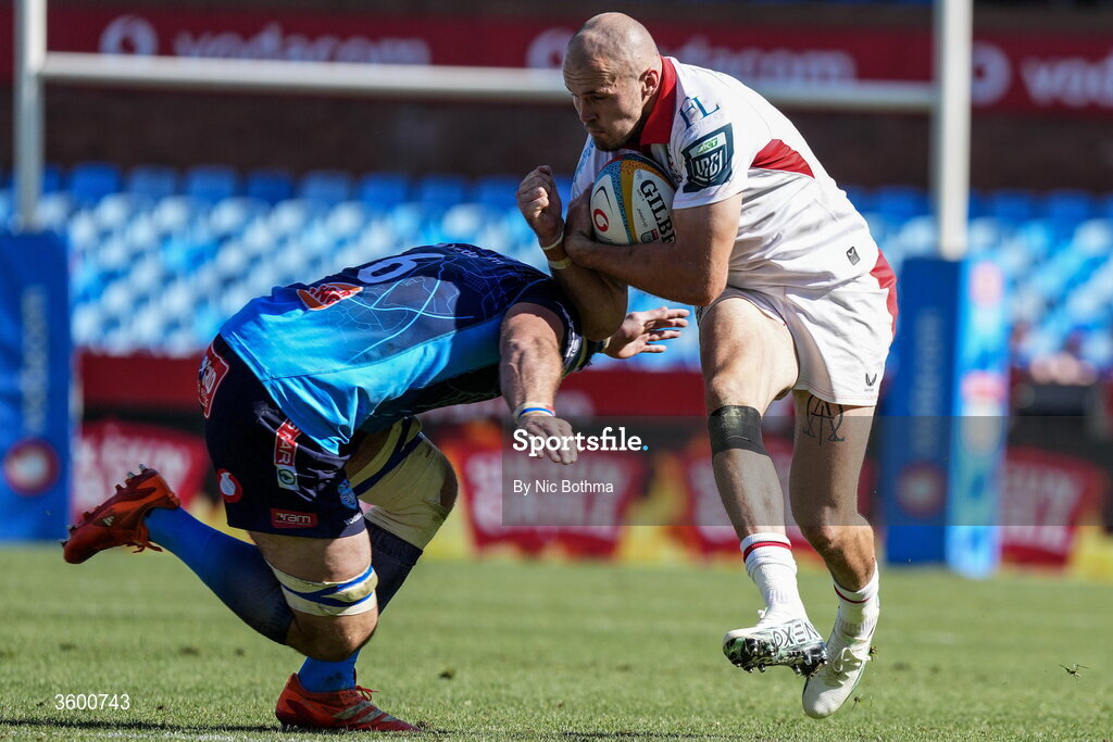 24 October 2026; Jacob Stockdale of Ulster in action against Vodacom Bulls captain Marcell Coetzee during the United Rugby Championship match between Vodacom Bulls and Ulster at Loftus Versfeld in Pretoria, South Africa. Photo by Nic Bothma/Sportsfile