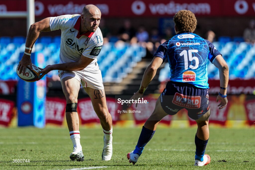24 October 2026; Jacob Stockdale of Ulster in action against Luan Giliomee of Vodacom Bulls during the United Rugby Championship match between Vodacom Bulls and Ulster at Loftus Versfeld in Pretoria, South Africa. Photo by Nic Bothma/Sportsfile