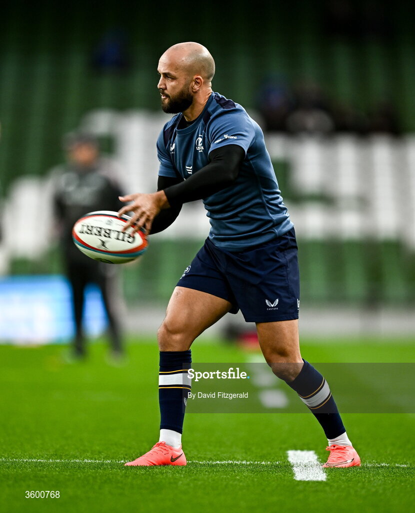 24 October 2026; Jamison Gibson-Park of Leinster warms up before the United Rugby Championship match between Leinster and Munster at the Aviva Stadium in Dublin. Photo by David Fitzgerald/Sportsfile