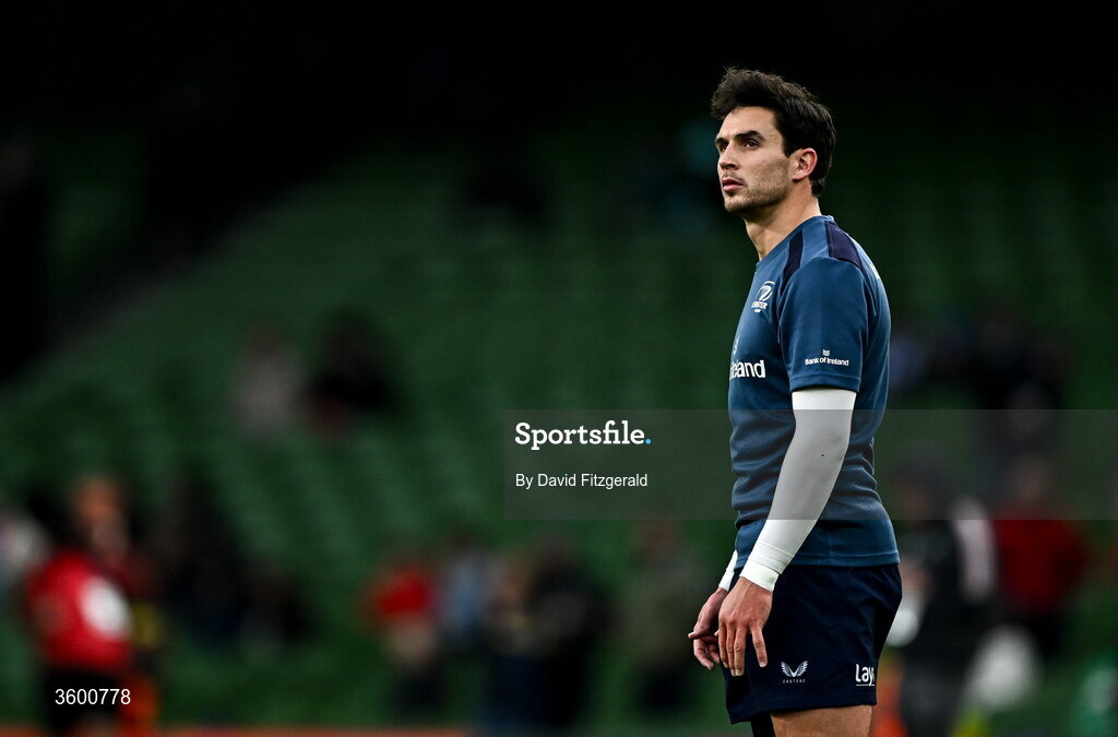 24 October 2026; Joey Carbery of Leinster warms up before the United Rugby Championship match between Leinster and Munster at the Aviva Stadium in Dublin. Photo by David Fitzgerald/Sportsfile