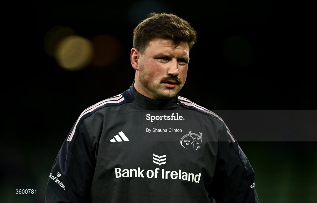24 October 2026; Fineen Wycherley of Munster during the United Rugby Championship match between Leinster and Munster at the Aviva Stadium in Dublin. Photo by Shauna Clinton/Sportsfile